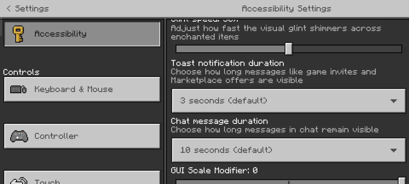 Action and Stuff Features, Skins, and Expressions 10 Minecraft Bedrock accessibility settings showing chat message duration and notification timing while using Actions and Stuff