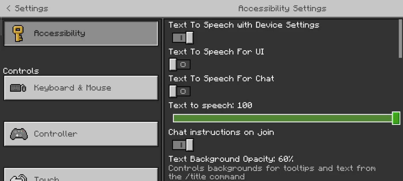 Action and Stuff Features, Skins, and Expressions 9 Minecraft Bedrock accessibility settings showing text to speech options while testing Actions and Stuff