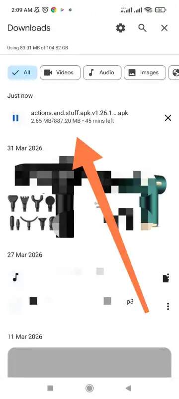 Android downloads folder showing the Action and Stuff APK file