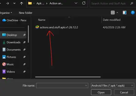 Windows file picker with Action and Stuff APK selected for BlueStacks