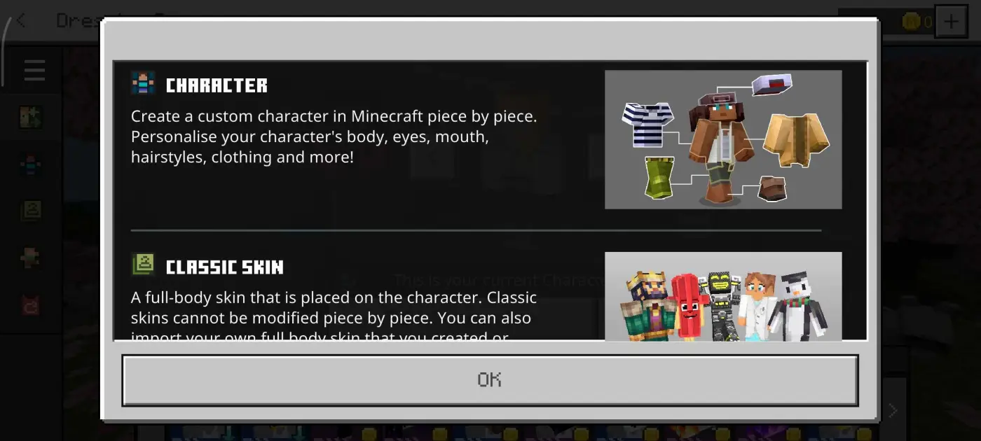 Action and Stuff Features, Skins, and Expressions 3 Minecraft Bedrock pop-up explaining Character and Classic Skin options in Actions and Stuff