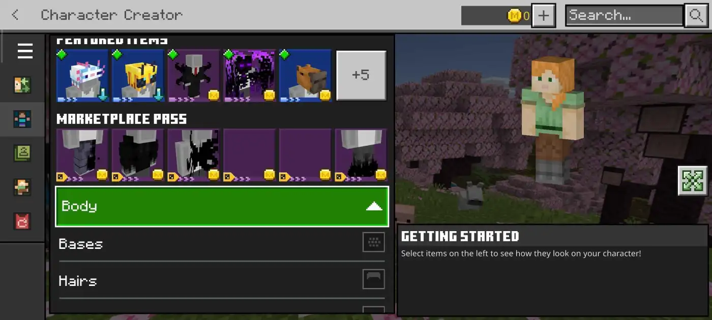 Action and Stuff Features, Skins, and Expressions 5 Minecraft Bedrock Character Creator with featured skins and the Body tab visible in Actions and Stuff