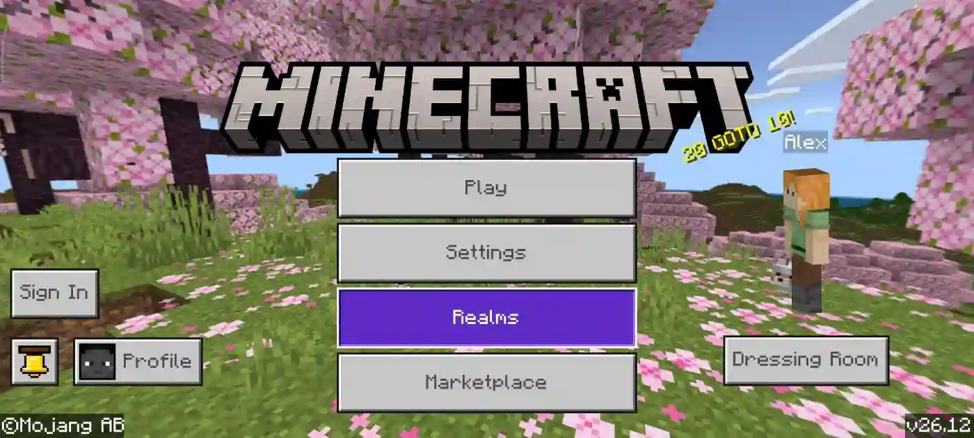 Action and Stuff Features, Skins, and Expressions 1 Minecraft Bedrock main menu with the Dressing Room button and a cherry grove background from Actions and Stuff