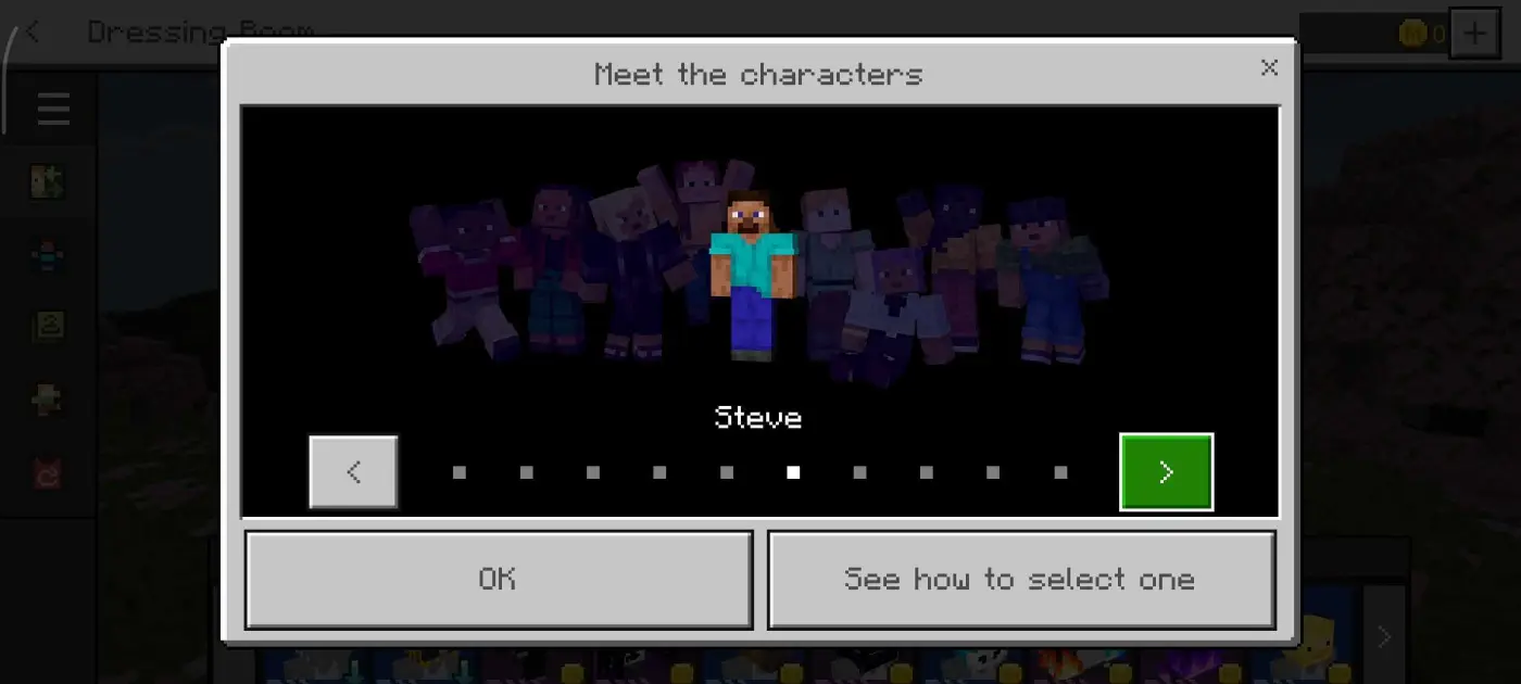 Action and Stuff Features, Skins, and Expressions 8 Minecraft Bedrock pop-up showing Steve selected in the character chooser for Actions and Stuff