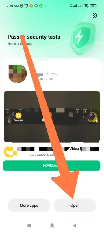 Android APK security scan screen with open button