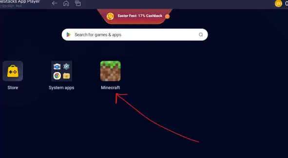 BlueStacks home screen showing the Minecraft app icon