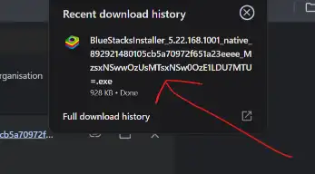 BlueStacks installer shown in browser download history