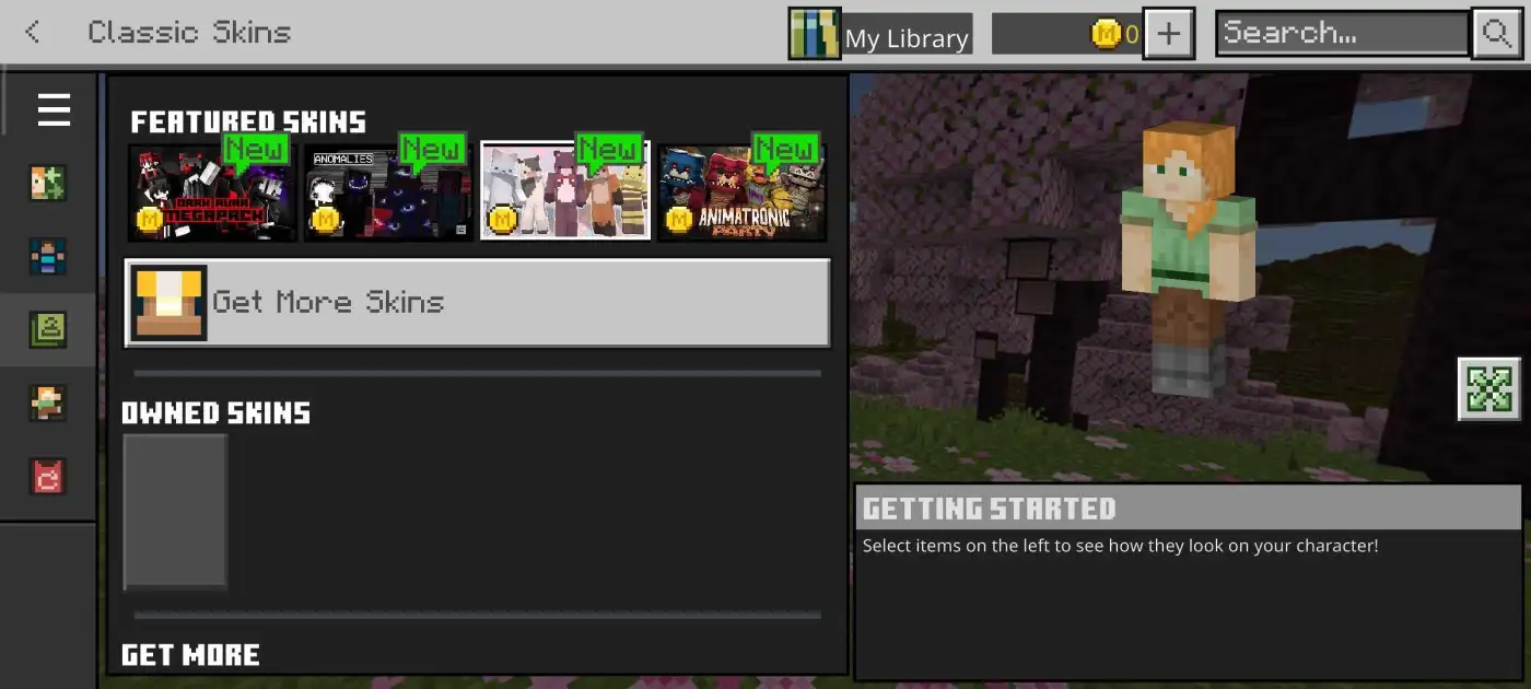 Action and Stuff Features, Skins, and Expressions 6 Minecraft Bedrock Classic Skins panel with Steve selected in Actions and Stuff