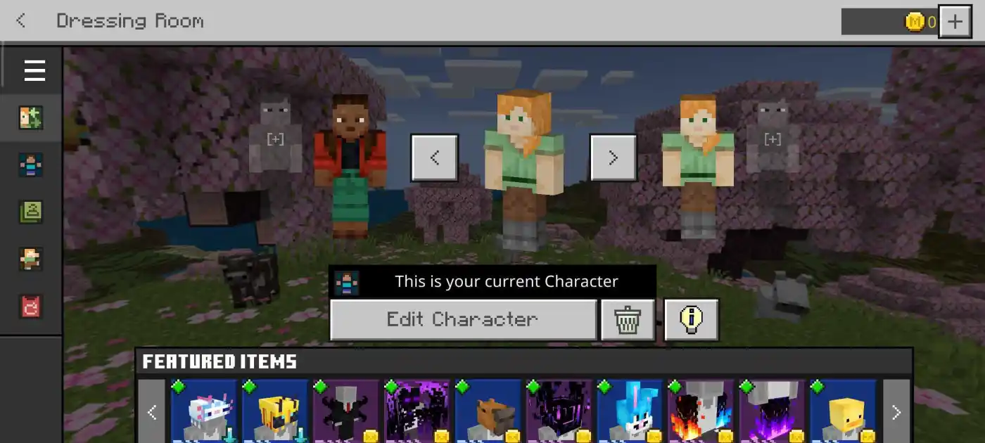Action and Stuff Features, Skins, and Expressions 4 Minecraft Bedrock Dressing Room showing a character carousel and featured items while Actions and Stuff is active