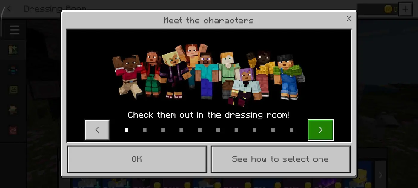 Action and Stuff Features, Skins, and Expressions 7 Minecraft Bedrock pop-up titled Meet the characters showing multiple themed character previews in Actions and Stuff