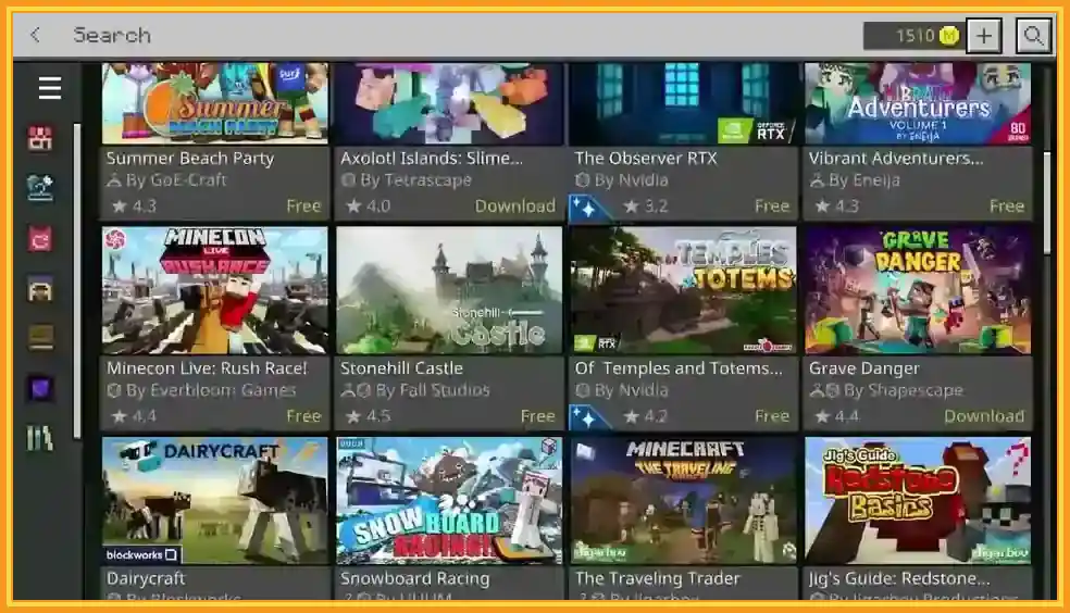 Minecraft Marketplace search screen on iOS showing downloadable items