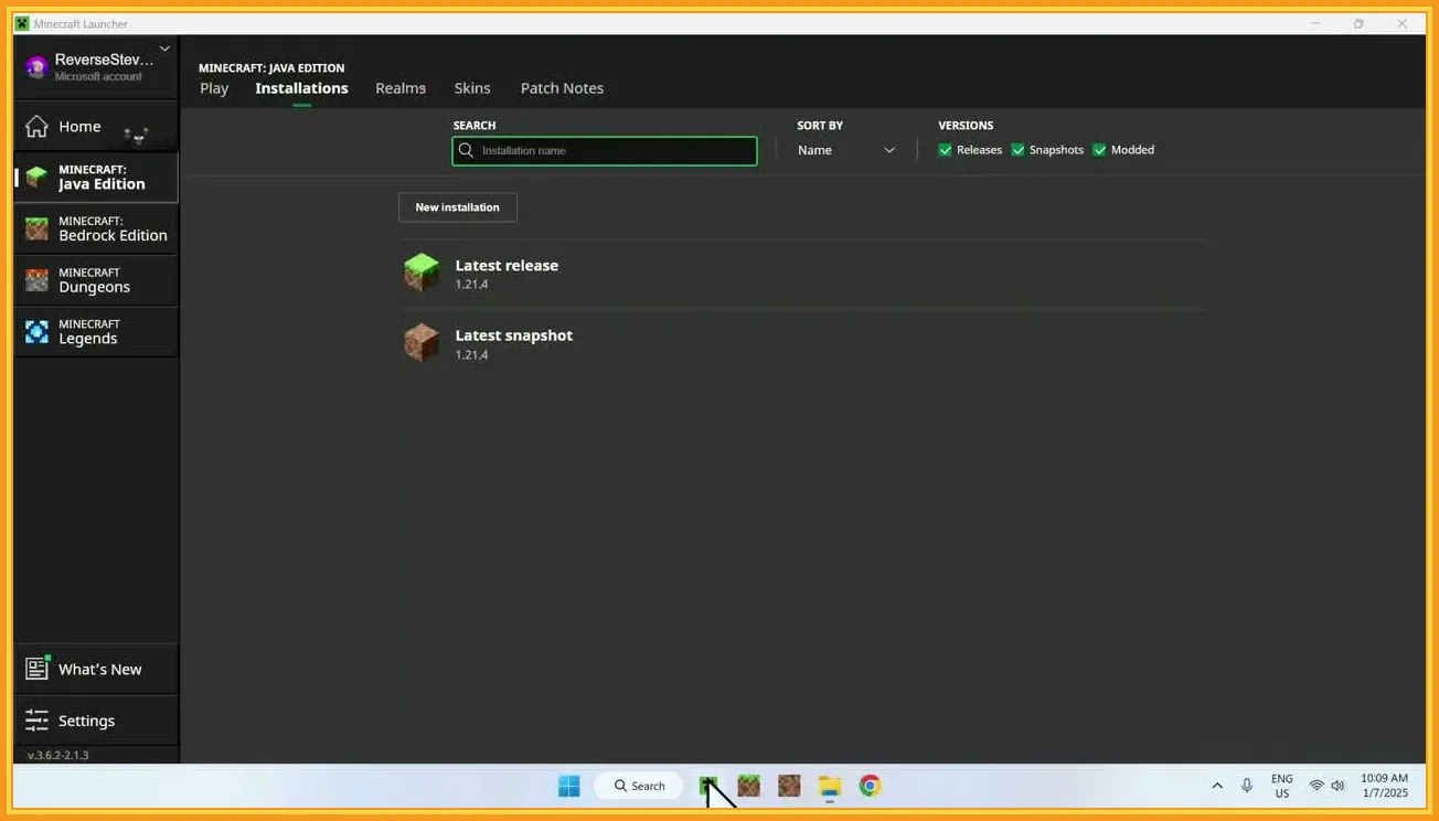Minecraft Java Installations tab with latest release and snapshot entries