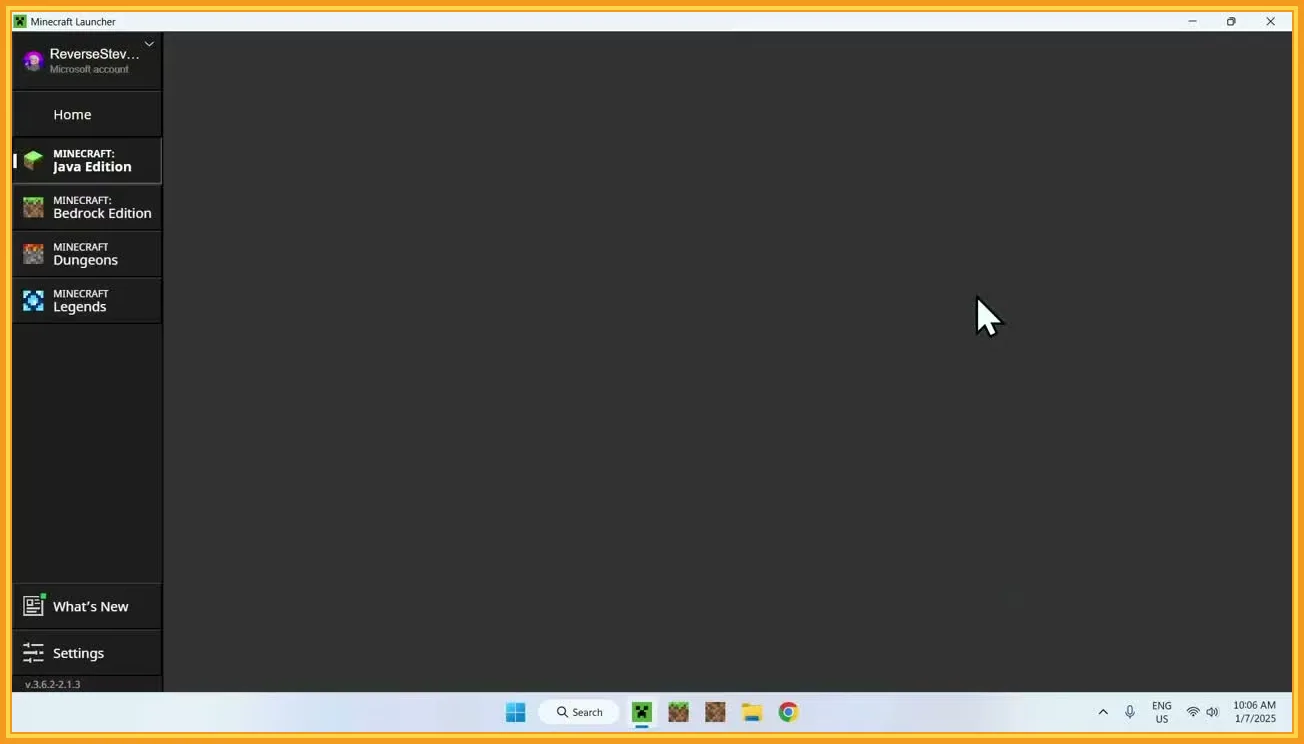 Minecraft Launcher showing Java Edition and Bedrock Edition sidebar options