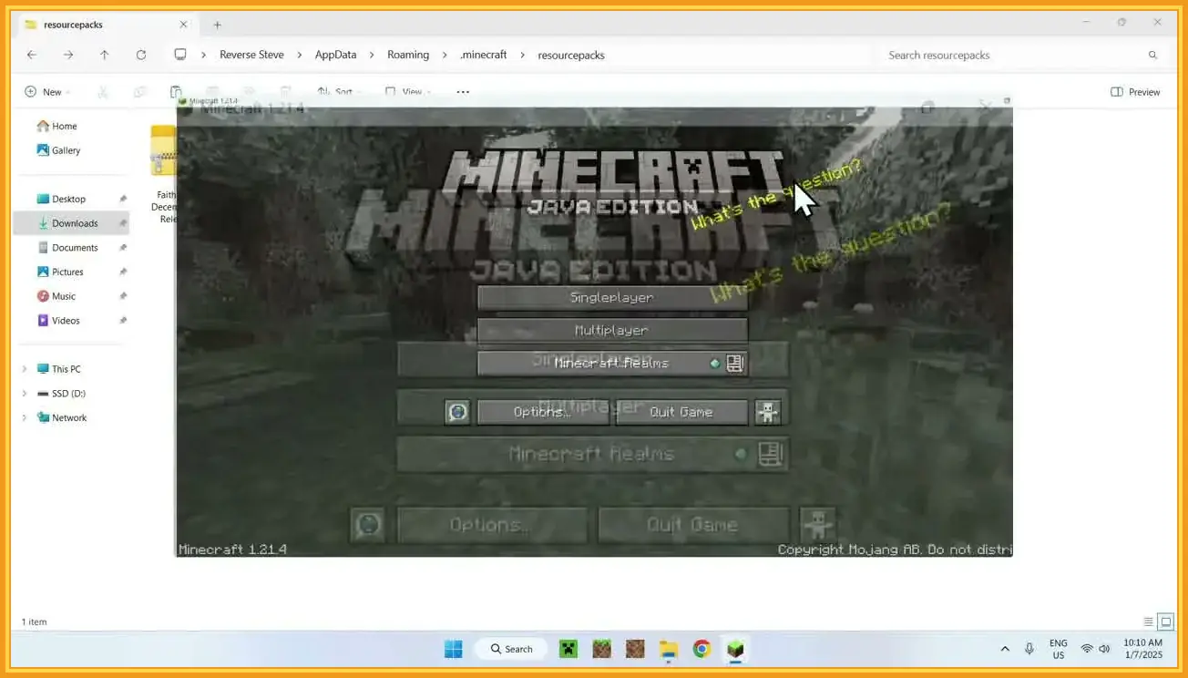 Windows File Explorer open to the Minecraft Java resourcepacks folder path